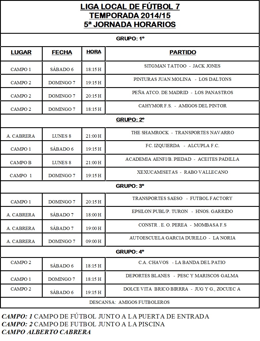 HORARIOS 5ª JORNADA 