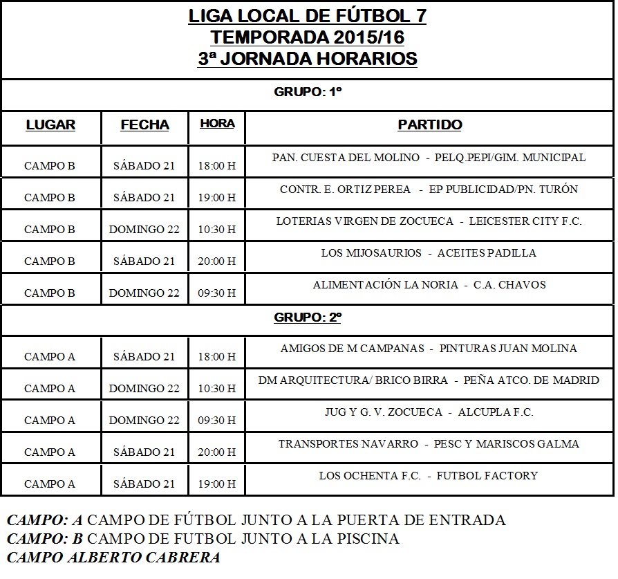 HORARIOS JORNADA 3º